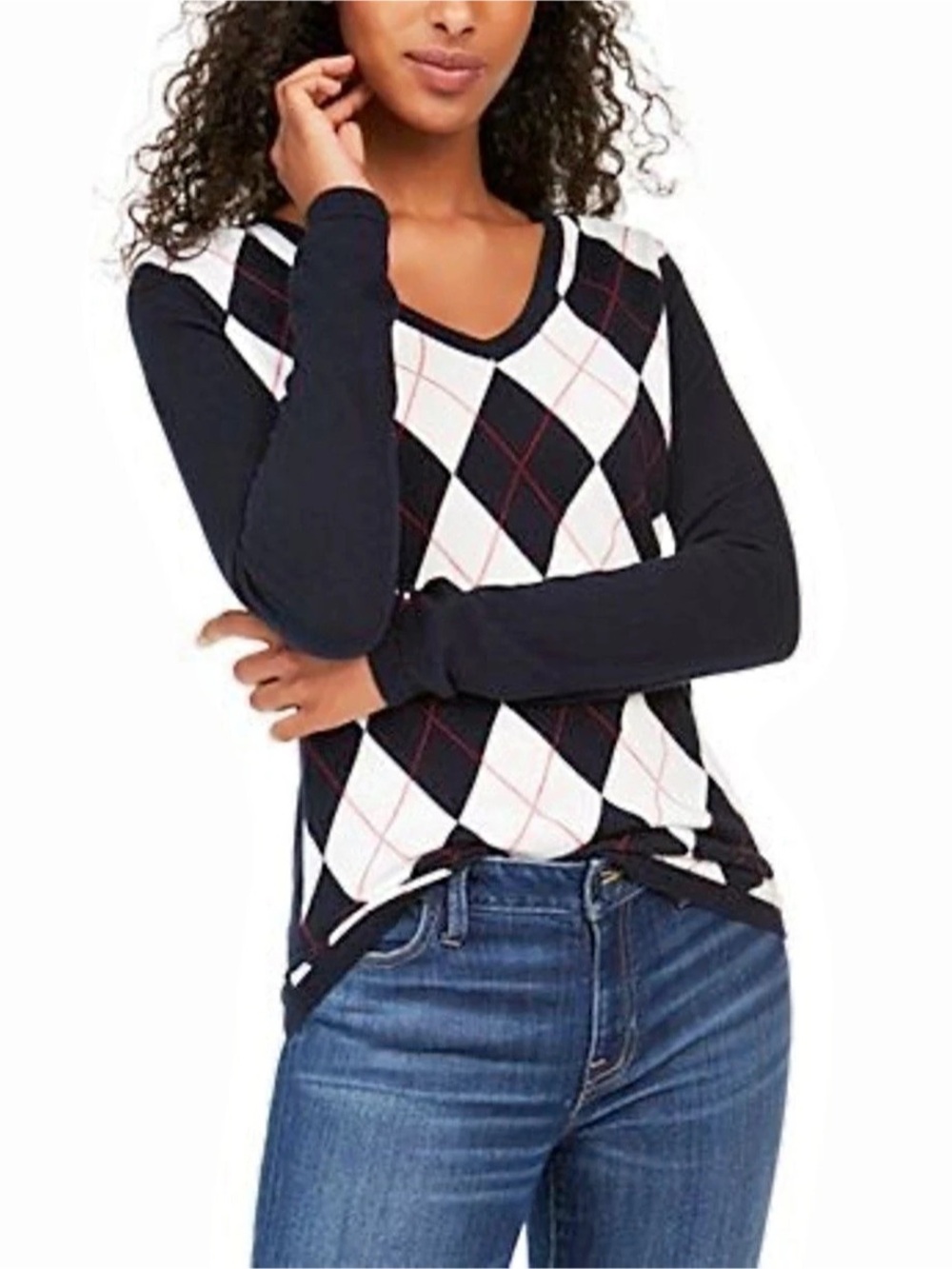 Tommy Hilfiger Preppy Ivy Argyle V-Neck Sweater Women's Blue & White XS